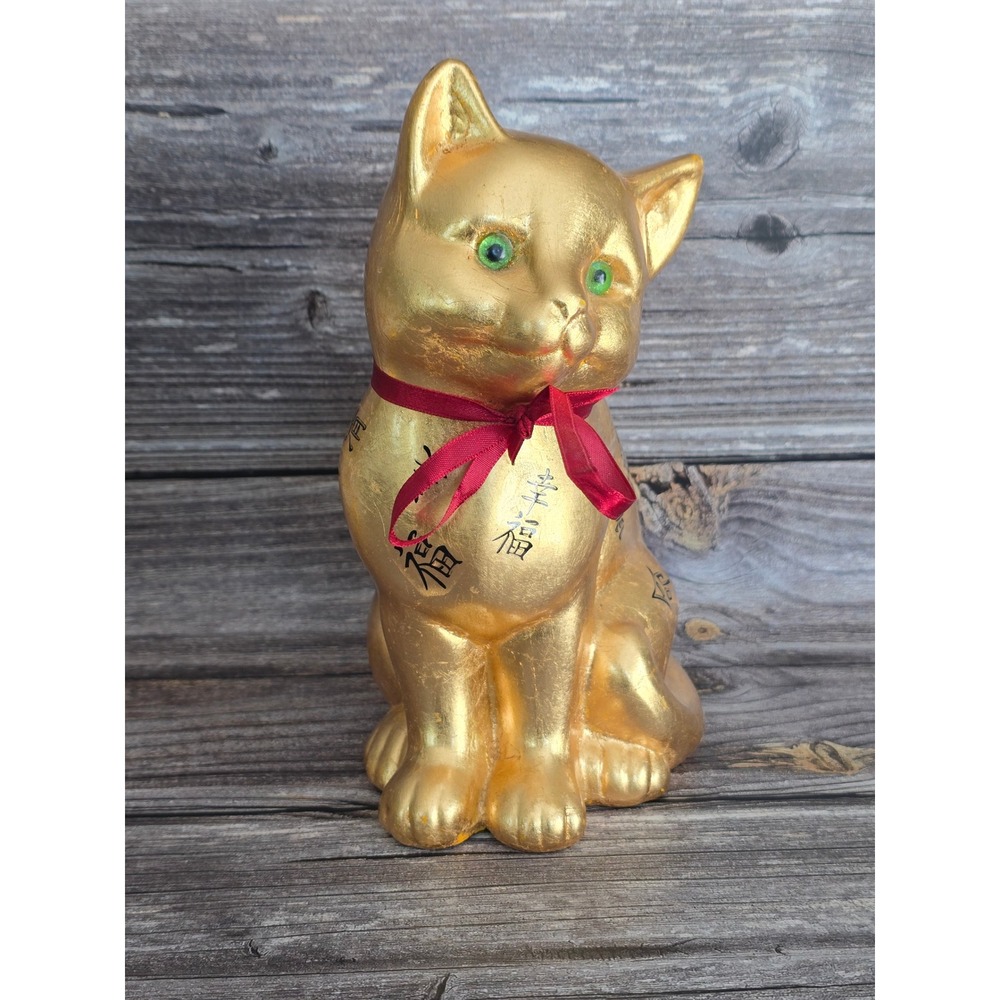 La Dolce Vita Gold Leaf Asian Collection Cat Figurine Green Eyes Red Bow 9.5in